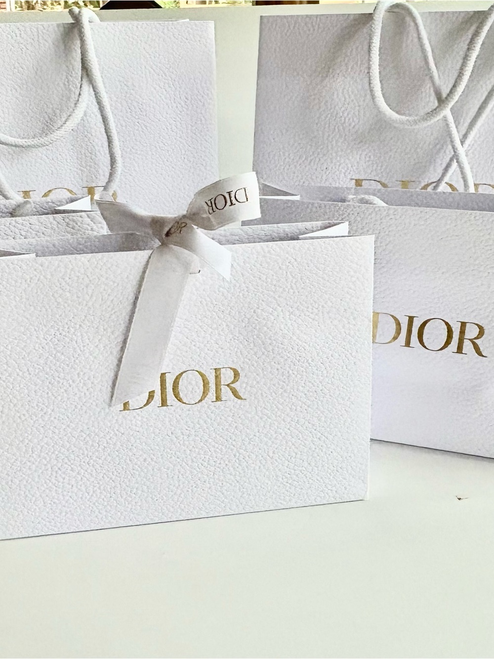 Dior White Gift Tote with Gold Logo and Ribbon
